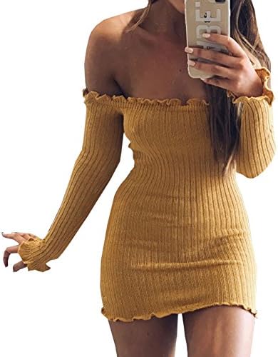 QUNNDY Women Long Sleeve Sexy Off Shoulder Club Dress Slim Bodycon Knitted Sweater Mini Party Night Dresses Vestidos