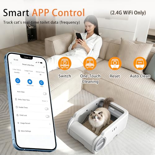 Betulabulo Self Cleaning Cat Litter Tray - Open-Top Design for Multiple Cats, Automatic Litter Box with APP Control, Safety Sensors, Automatic Cleaning, Quiet & Easy Maintenance