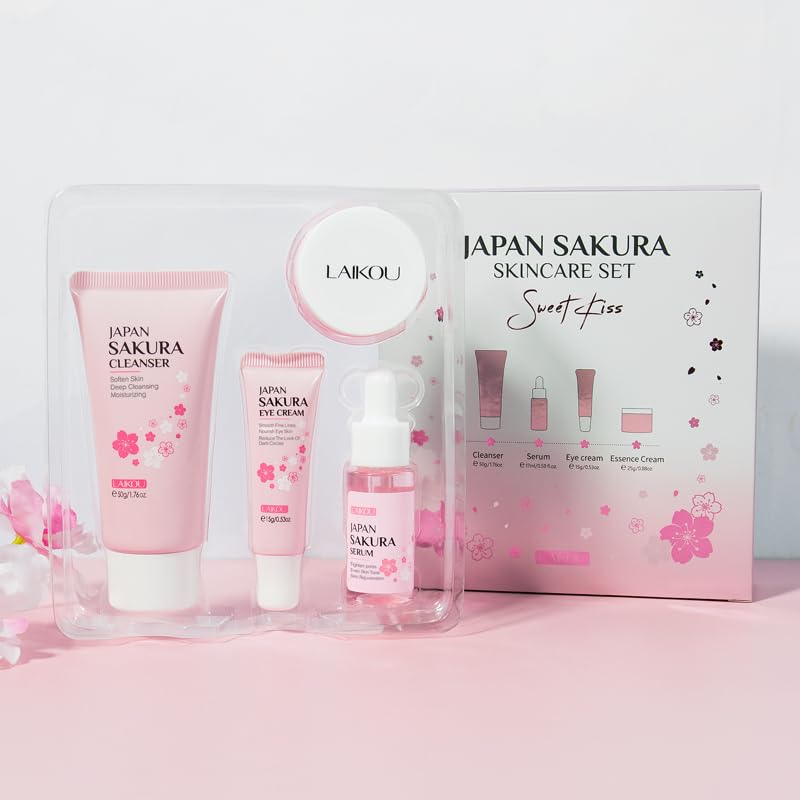LAIKOU Sakura Skincare Set, 4 PCS Skincare Gift Set Women - Cleanser, Serum, Eye Cream, Face Cream, Skincare Gift Set for Women Teenage Girls Mom Daughter
