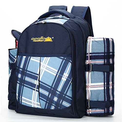 APOLLO WALKER Picnic Backpack For 4 With Cooler Compartment, Blue on
