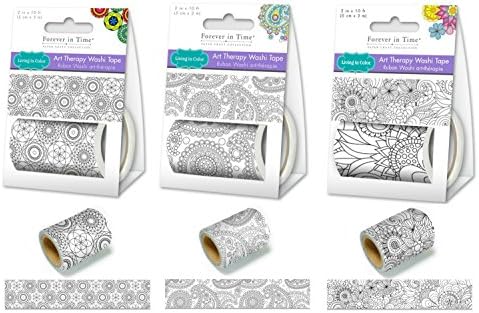 Value Pack of 3 - Living In Color Paper Craft Washi Tape (2in x 3m each) Washi Tape Art Therapy - Unique Adult Coloring Masking Tape- Paisley, Circular Abstract, Secret Garden.