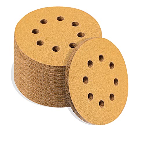 SPEEDWOX 50-Pack 5-Inch 8-Hole Sanding Discs – 500 Grit, Hook & Loop, Dustless Aluminum Oxide, Yellow, For Random Orbital Sanders (Auto/Woodworking)