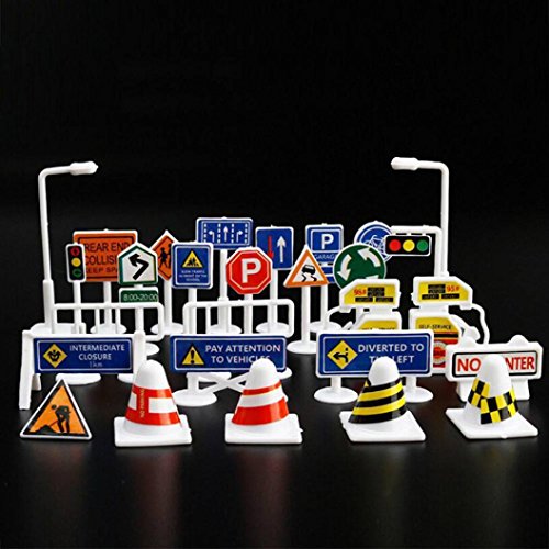 Dartphew Toys, 28 PCS Fashion Car Toy Accessories Traffic Road Signs Kids Smart Children Play Toy Game To Develop Children's Ability Of Mental Attention Practical (Color B)