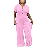 Hostoyo Plus Size Jumpsuits for Women Casual Wide Leg Crew Neck Short Sleeve Long Pants Romper With Pockets