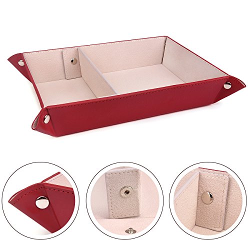 Valet Tray,Watch Case for Storage,PU Leather Coin Change Key Tray Jewelry Organizer Winered - Thumbnail 6