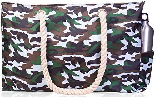 Beach Bag XL (HUGE). L22 xH15 xW6 w 100% Waterproof Phone Case, Cotton Rope Handles, Top Zipper, Extra Outside Pocket. Brown-Green Beach Tote has Built-In Keyholder, Bottle Opener. Ripstop Oxford