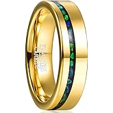 NUNCAD Men's 6mm 14K Gold Plated Tungsten Wedding Bands with Crushed Green Created-Opal/Malachite Inlaid High Polished Finish Size 6-12