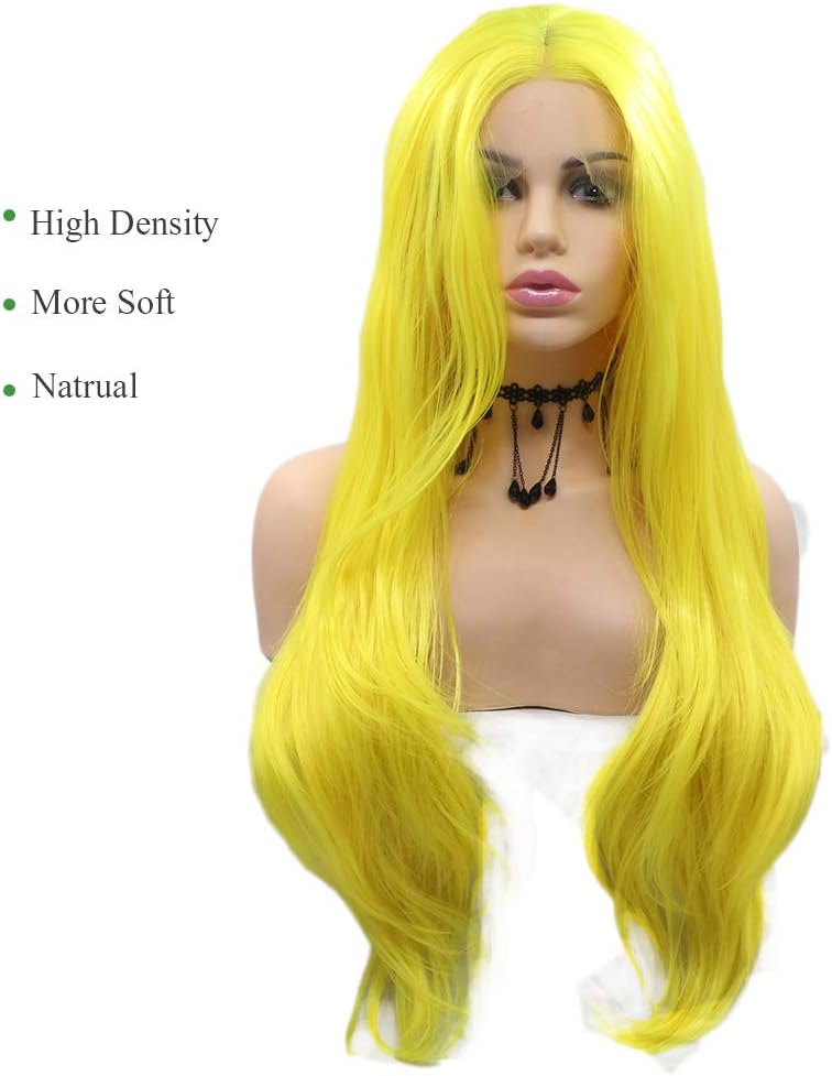 Limon Yellow Lace Front Wigs for Women Natural Long Wavy Yellow Wig Half Hand Tied Heat Resistant Fiber Hair Replacement Full Wig Party Daily 24 inch Wig - Image 3
