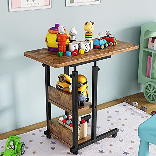 Height Adjustable Side Table, 32 Inch C Shaped End Table with Storage