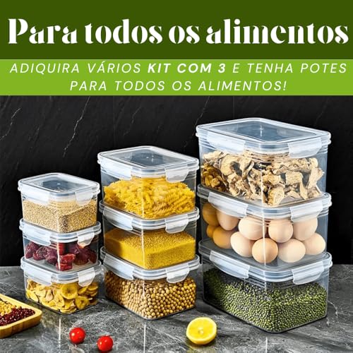 Kit 3 Potes Organizadores de Geladeira Hermético com Trava nas Tampas Borracha Isolante e Cesto de Escorrer Removível - Organizador de Frutas Legumes Saladas - Sem BPA - Qualidade Premium - Shop100