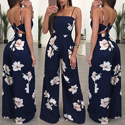 Minisoya Women Backless Floral Clubwear Playsuit Casual Bodycon Party Wide Leg Jumpsuit Romper Long Pants Trousers (Navy, M)