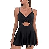 NEIOROT Women's Cutout One Piece Swimdress V Neck Tie Back Cross Skirt Swimsuit Tummy Control Bathing Suit