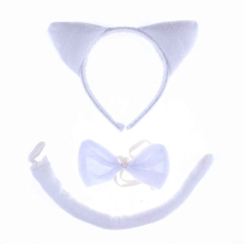 She's Shining White Cats Ears Tail Set Headband Animal Bow Tie Fancy Dress Party Costume Supplies