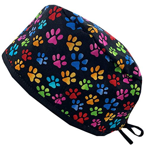 Mens and Womens Surgical Scrub Cap - Multi Color Paws w/Black Ties