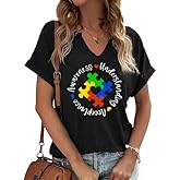 Autism Awareness Shirt for Women Accept Understand Love Heart V Neck T Shirt Autism Graphic Tops Tee