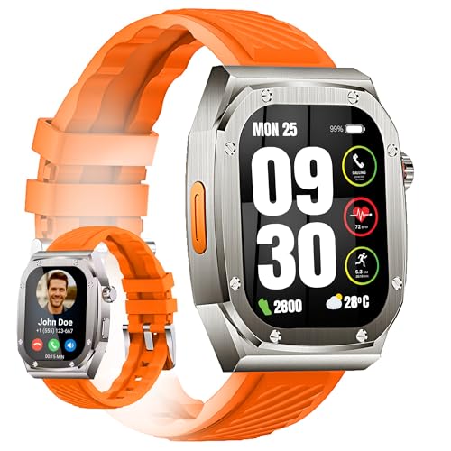 Aishini Bluetooth Calling Smart Watches for Men 2.1"IPS Large Touchscreen IP68 Waterproof Men's Smart Watch 460mAh,120+ Sport Modes, 70 Days Battery Life Fitness Smart Watch (Orange + Silver) Band