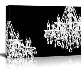 Canvas Wll Art - Two Crystal White Chandeliers on Black Background - Giclee Print and Stretched Ready to Hang - 12"x18"
