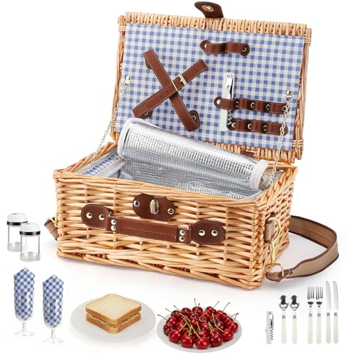 Wicker Picnic Basket Wicker Picnic Basket for 2 Person - Picnic Set with Insulated Compartment, Plates, Cutlery, Wine Glasses, Corkscrew - Perfect for Beach, Country, Park & BBQ Gift