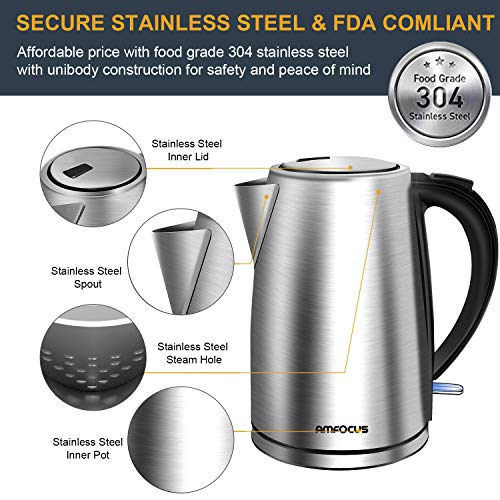 Electric Kettle, 1.7L BPA-Free Stainless Steel Water Kettle Tea Kettle with Cordless Auto Shut-Off & Boil-Dry Protection, 1500W Fast Boiling, FCC & FDA Approved
