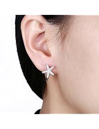 Dtja Starfish - Pendientes de aro pequeños para mujer, plata de ley 925, circonita cúbica, diseño de estrella, hipoalergénico, ideal como regalo de cumpleaños