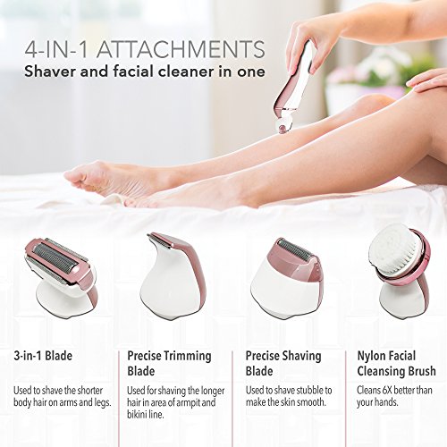 LivingPro Waterproof & Rechargeable Electric Lady Shaver Kit + Facial Brush, 4 Interchangeable Heads for Precise Trimming for Leg Armpit Arm Bikini Line & Facial Cleansing - Thumbnail 2
