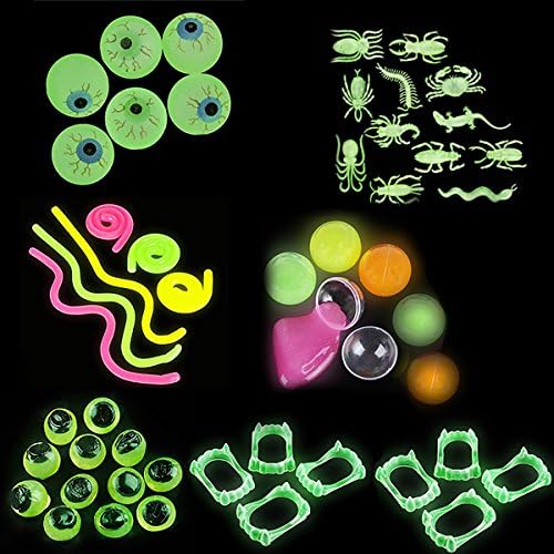 Glow in the Dark Toys Pack for Kids| Vampire Teeth, Stretchy String, Eyeballs, Putty Balls, Sticky Eyes, Insect|Halloween Decorations, Party Favors, Pinata Fillers, Carnival Prizes, Classroom Pack