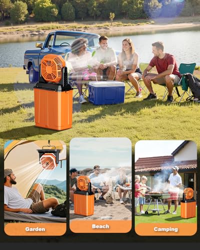 Orteen Portable Misting Fan, Rechargeable Outdoor Cooler, Battery Operated Personal Fan with3 Speeds & 8L Bucket for Patio, Camping,Hiking, Backyard, Travel, Desk,Pool, Beach