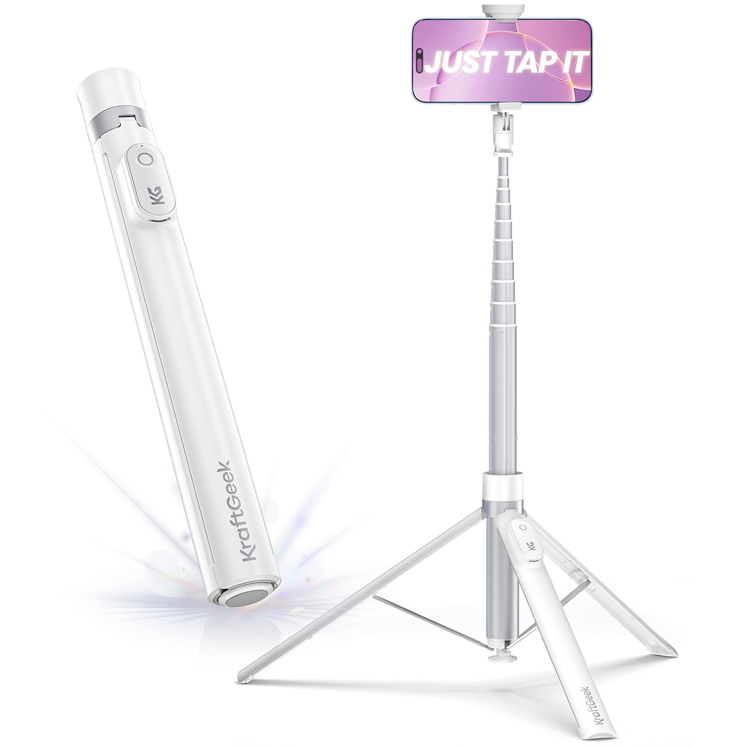 Photo 1 of KraftGeek Tripod for iPhone, 66” JustTap Phone Tripod, Selfie Stick Cell Phone Stand for Recording Travel, Content Creator Essentials, White