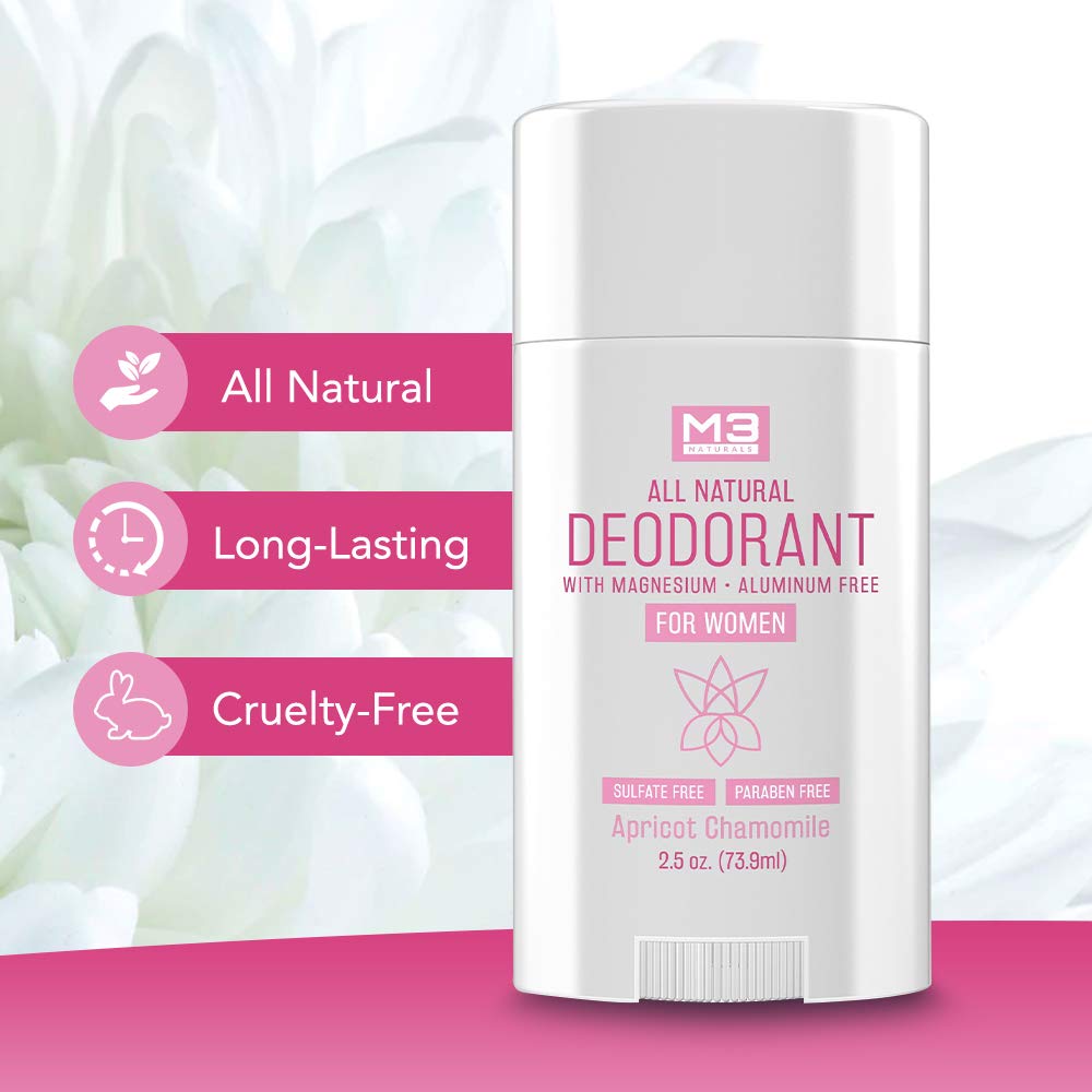 M3 Naturals All Natural Deodorant for Women with Magnesium, Apricot and Chamomile - Long-Lasting, Non-Toxic, Free of Aluminum, Baking Soda, Parabens, Sulfates and Gluten – Vegan, Organic 2.5 oz : Beauty