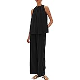 Beaully Women's Summer Linen 2 Piece Outfits Sets Loose Fit Sleeveless Tank Tops Wide Leg Pant Sets Lounge Travel Sets