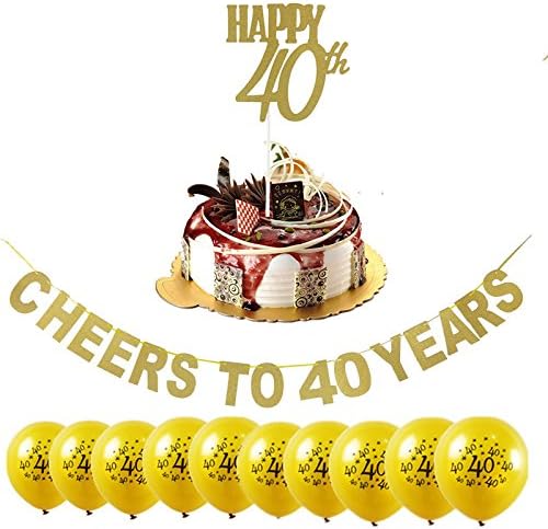 Losuya 40th Birthday Party Decoration Kit - Cheers to 40 Years Banner Golden Glitter Bunting and Happy 40th Cake Topper with 10pcs Party Balloons for Birthday Party Favor Supplies