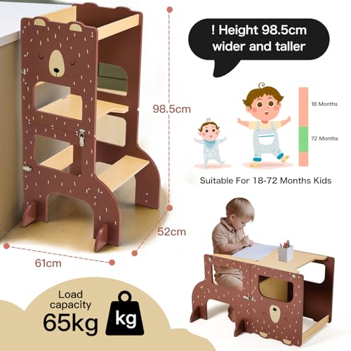 labebe Montessori Tower Kids Large Size Wooden Folding Montessori Tower 3 in 1 Multifunctional Montessori Tower with Blackboard Brown Bear