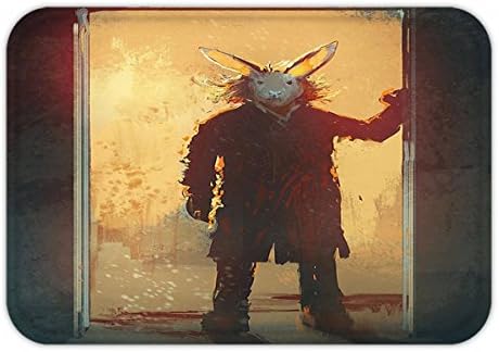 Minicoso Doormat Fantasy Art House Decor Man with Rabbit Mask at the Door Spiritual People Acrylic Paint Yellow Black