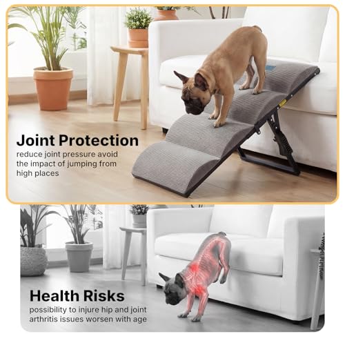 Veehoo Dog Ramp for Small to Large Dog, Foldable Pet Ramp for High Bed Couch, 5 Adjustable Height from 43cm to 59cm, Doggy Steps Cat Stairs with Non-Slip Pad and Metal Frame, Up to 130lbs