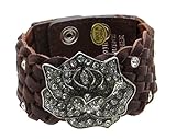 Leather Bracelet Cuff Woven Strands with Rhinestone Rose (Brown)