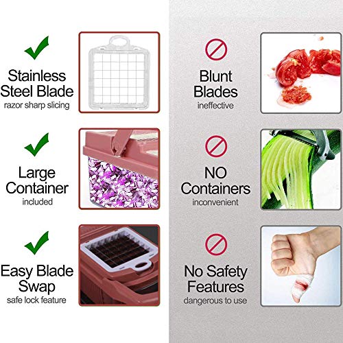 Vegetable Chopper, Onion Veggie Slicer Chopper, Spiralizer Vegetable Cutter Chopper Blades with Durable Fruit Slicer Cutter Container for Cooking Tools (Red)