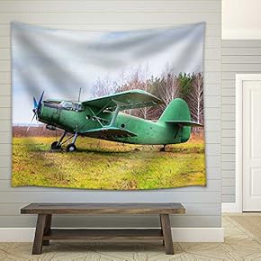 Old Airplane on Field in Autumn Time - Fabric Wall Tapestry Home Decor - 51x60 inches