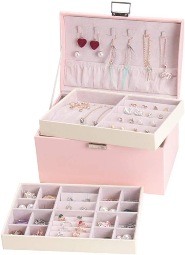 Jewelry Storage Box, Large-capacity Lock Multi-layer Jewelry Box,Pink