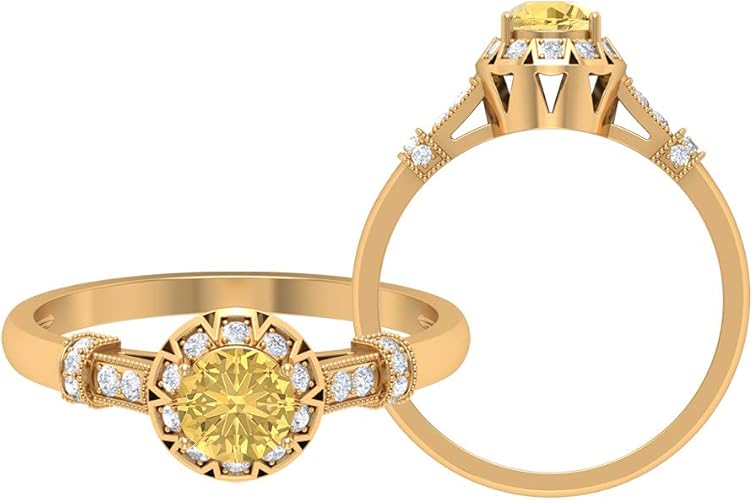 Amazon 5 00 Mm ソリティアシトリンリング Hi Si ダイヤモンドハローリングサイドストーン付きアールデコエンゲージリング ゴールドビンテージリング a品質 14k イエローゴールド Size 10 リング 通販