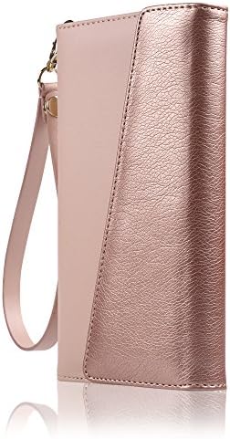 iPhone 7 Plus 5.5” Wallet Case, Modern Blush Metallic Wristlet Wallet Case: Four Credit Card Slots, Folio Pocket, Premium Bi-cast Leather, Detachable Wrist Strap, Rose Gold
