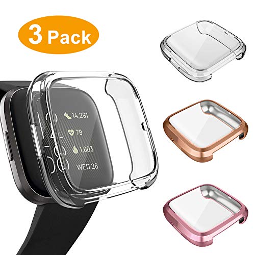 3 Pack Screen Protector Compatible Fitbit Versa 2 Case, GHIJKL Ultra-Thin Slim Soft TPU Protective Case All-Around Full Cover Bumper Shell for Fitbit Versa 2 Smart Watch, Clear,Rose Gold,Rose Pink