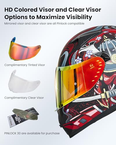 ILM Full Face Motorcycle Helmet for Men and Women – Motorcycle Helmet with 2 Visors Compatible with Pinlock Transparent and Coloured – Motocross Street Bike Helmet ECE Model Z501, Armor Red, M