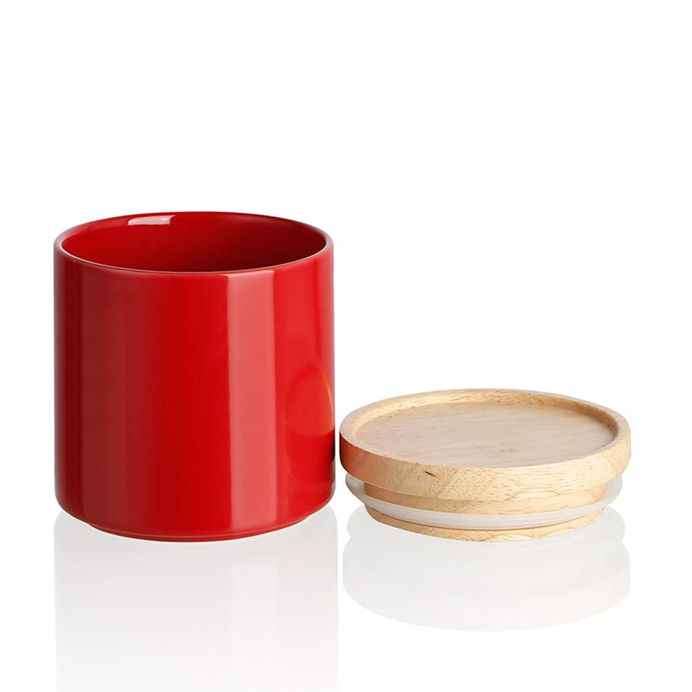 SWEEJAR Kitchen Canisters Ceramic Food Storage Jar, Stackable Containers with Airtight Seal Wooden Lid for Serving Ground Coffee, Tea, Sugar, Salt and More - 455 ml (Red)