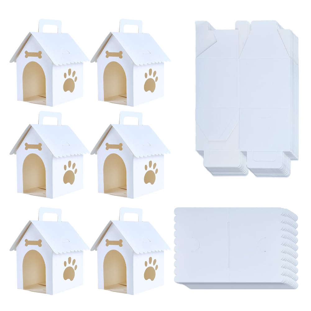 Photo 1 of Dog Party Favors Boxes House Shape Treat Gift Boxes with Handle for Puppy Pet Adoption Kid Boys Girls DIY Crafting Baby Shower Decoration Birthday Christmas Dog Bone Paw Shaped Hollow-out Cute Style White