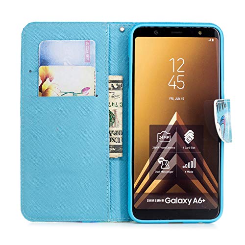 Herzzer Strap Leather Case for Galaxy A6 Plus 2018,Flip Portable Carrying Case for Galaxy A6 Plus 2018, Premium Stylish Blue Butterflies Printed Foldable Folio Pu Leather Stand Cover