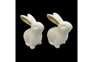 White Ceramic Easter Bunny Salt and Pepper Shaker Set with Gold Metallic Ears, 3" High, 2 Piece with Gift Box