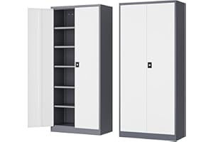 Fesbos Metal Storage Cabinet-72” Tall Steel File Cabinets with Lockable Doors and Adjustable Shelves-White&Gray Steel Storage Cabinet for Home Kitchen, Office, Garage