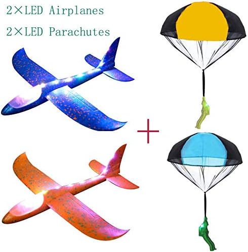 tionliy 4 Pack Foam Airplane Glider Throwing Plane, 2P 15.7 Inch LED Light Up Flying Aircraft Jet+2P LED Light Up Toy Parachute Free Throwing Outdoor Sports Flying Toys Gift for Kids Toddlers Teens