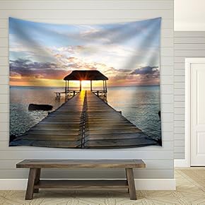 Sun Setting Over a Jetty Leading to a Kiosk Over The Ocean - Fabric Tapestry, Home Decor - 51x60 inches