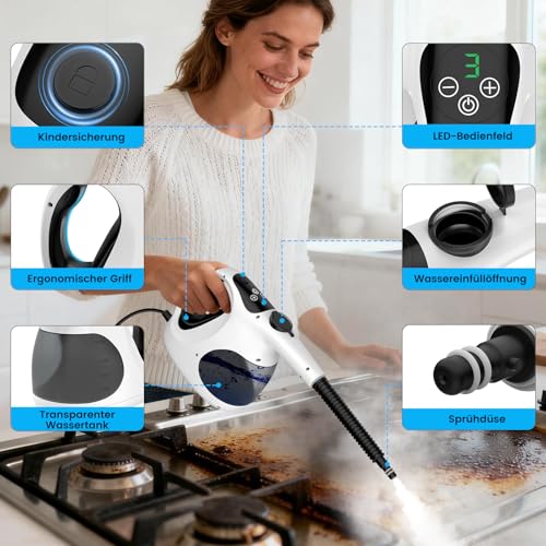 Granarbol 1200 W Professional Steam Cleaner Hand Device, 400 ml Lightweight 15s Heating Hand Steam Cleaner for Everything with 10 Accessories, Steam Cleaner Degreasing for Bathroom, Kitchen, Floor